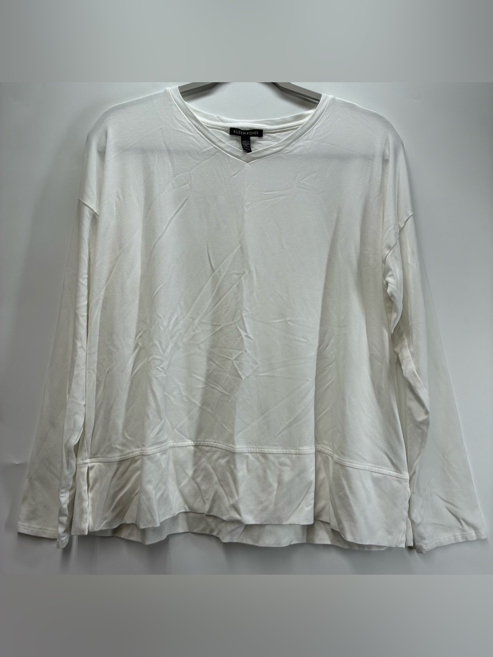 Eileen Fisher Medium Tencel Lyocell White Long Sleeve V Neck Shirt Blouse Top
